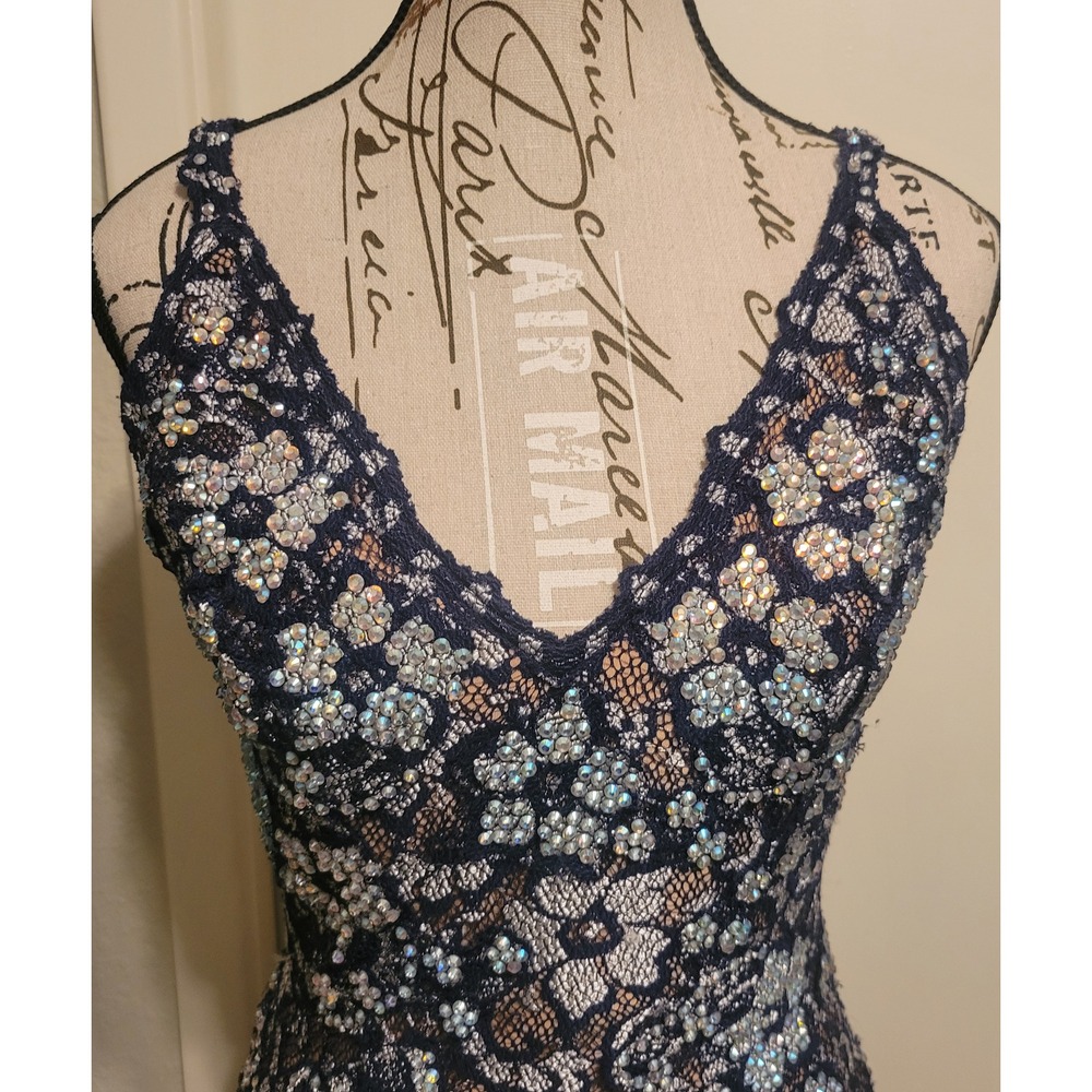 Jovani Navy Blue Lace Open Back Mermaid Prom Gown Silver Rhinestones Fitted sz 4 - Picture 14 of 16